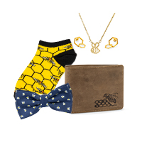 A sock, a bow tie, jewellery and wallet grouped together in the centre
