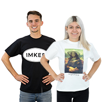 A man wearing a black T-shirt with a beekeeper motif and a woman wearing a white T-shirt with an abstract art motif stand diagonally opposite each other with their hands on their hips. A man wearing a black T-shirt with a beekeeper motif and a woman wearing a white T-shirt with an abstract art motif stand diagonally opposite each other with their hands on their hips.