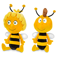 Maya the Bee and Willi sit next to each other as soft toys.
