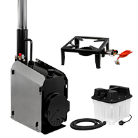 A wood-burning stove, a propane burner and a steam generator shown side by side