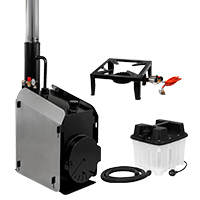 A wood-burning stove, a propane burner and a steam generator shown side by side