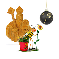 Wood carving, flower pot with bee motif and Christmas baubles arranged in a triangle