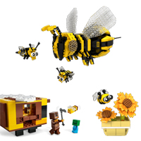 Eine große mit 2 kleinen fliegenden Bienen, Blumen im Topf mit fliegender Biene und Lego Minecraft Imkerfiguren mit Bienenhaus, die Gegenstände sind sehr bunt und farbenfroh
