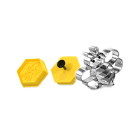 A plastic cookie cutter and a stainless steel cookie cutter, each with a bee motif, side by side
