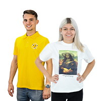 A man in a yellow polo shirt with a honeycomb pattern and a woman in a white T-shirt with an abstract art motif stand next to each other