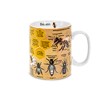 A cup with an educational bee motif on the side, the handle points to the right