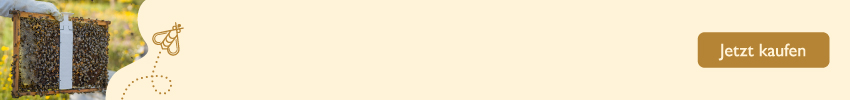 Links ist ein klecksförmiger Bildausschnitt mit einer Wabe auf der Calistrip BIOX angewendet wird. Daneben fliegt eine Biene mit gepunkteter Linie in das Banner, das einen hellbeigen/gelben Hintergrund hat