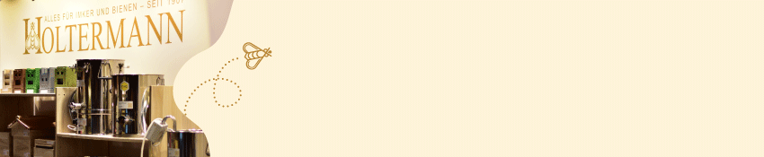 Links ist ein klecksförmiger Bildausschnitt mit einem Imker, der eine Wabe in die Sonne hält zu sehen. Daneben fliegt eine Biene mit gepunkteter Linie in das Banner, das einen hellbeigen/gelben Hintergrund hat