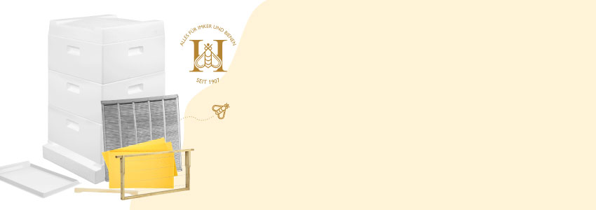 Zwei gelbe DHL-Container vor Klecksform, Biene fliegt über Banner