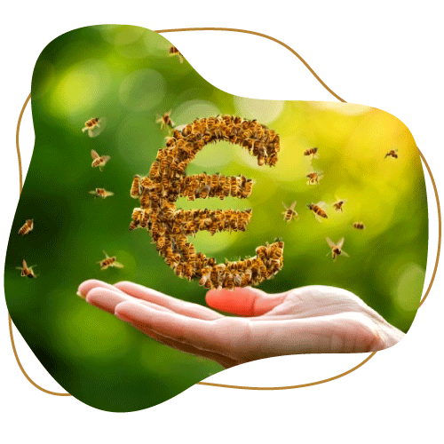 Brauner Klecks mit klecksförmigen Bild davor. Im Klecks ist ein Euro-Zeichen aus Bienen zu sehen, das von einer Hand gehalten wird