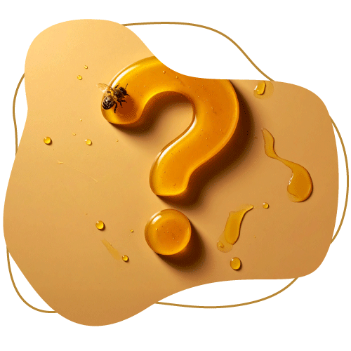 Brauner Klecks mit klecksförmigen Bild davor. Im Klecks ist ein Fragezeichen aus Honig und eine Biene vor braunem Hintergrund zu sehen