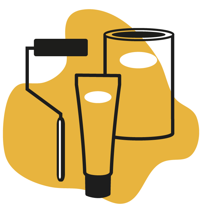 Gelber Klecks mit Beutenfarbe und Anstrichmaterial in schematischer Zeichnung