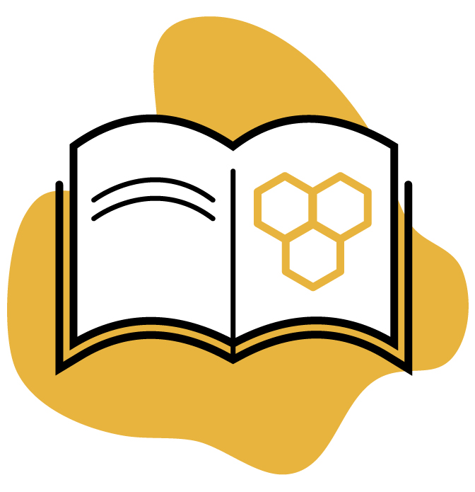 Gelber Klecks mit einem Buch in schematischer Zeichnung