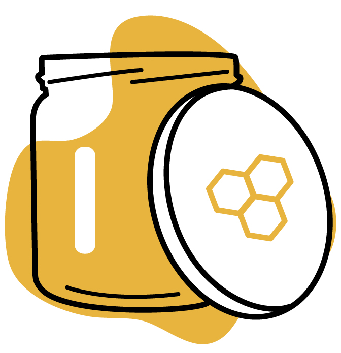Schematische Zeichnung eines Honigglases mit Deckel vor einem gelben Honig-Klecks in 2-D-Stil