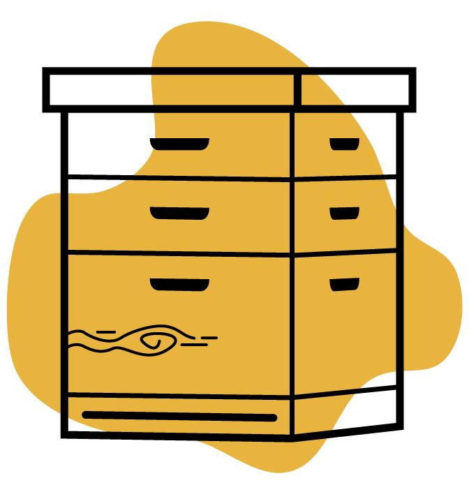 Gelber Klecks mit schematischer Zeichnung einer Holzbeute