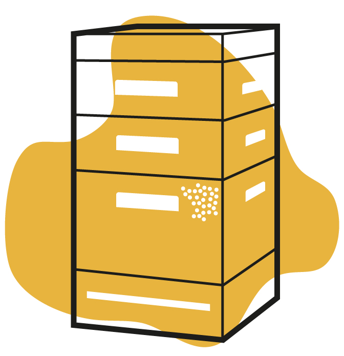 Gelber Klecks mit schematischer Zeichnung einer Styroporbeute