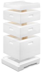 Segeberger Beute Anderthalb Flachboden, ocker bemalt, Kantenansicht, schwebender Aufbau mit Einsicht