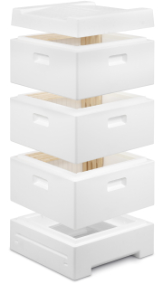 Segeberger Beute Classic Hochboden, braun bemalt, Kantenansicht, schwebender Aufbau mit Einsicht