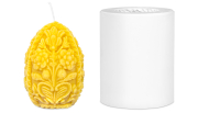 Gießform Osterei mit Ornament II, Frontansicht, fertige Kerze daneben