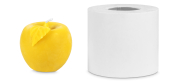 Gießform Apfel mit Blatt, Frontansicht, fertige Kerze daneben