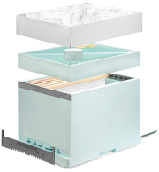 SIPA® Doppel-Ablegerkasten Dadant Blatt, Kantenansicht, Futterzarge und Außendeckel schwebend, Fluglochschieber schwebend davor