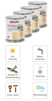 ApiCura® Beutenschutz Lasur 750 ml, Gruppenbild aller Farben, Frontansicht, mit Produktinformationen