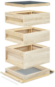 Simplex Holzbeute mit Hochboden mit glatten Auflageschienen, Kantenansicht, Zargen und Deckel schwebend