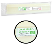 Oxalsäure-Streifen auf Glycerinbasis 25 mm, Frontansicht, Doppelbild, einmal komplett, einmal Detail vom Etikett
