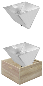 Apinord® Wachstrichter 1, Kantenansicht, Doppelbild, einmal Trichter solo, einmal Trichter schwebend über Zarge