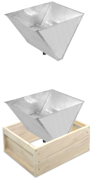 Apinord® Wachstrichter 2, Kantenansicht, Doppelbild, einmal Trichter solo, einmal Trichter schwebend über Zarge