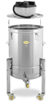 SIPA® Nirosta Dampfwachsschmelzer elektrisch, Frontansicht, Wabenkorb schaut heraus, Deckel mit Dampfmeister schwebend