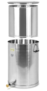 ApiNord® Nirosta Dampfwachsschmelzer 2, Frontansicht, Wabenkorb und Deckel schwebend