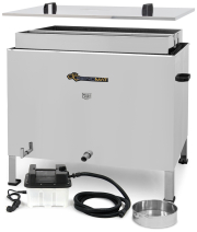 Bienomat® Schmelzkombi elektrisch eckig, Seitenansicht, Wabenkorb schaut heraus, Deckel schwebend