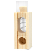 Zander-Schlüpfkäfig aus Holz für Nicot, Rückansicht, Schieber offen, Korken im Loch