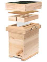 Dadant US Vertikal-halb Begattungskasten, Kantenansicht mit Rähmchen und Trennschied, Einzelteile schwebend