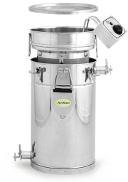 ApiNord® Komfort Feinfilter Siebset 50 kg, Seitenansicht, Zylinder Feinfiltersieb etwas ausgezogen, Zylindersieb-Heizung im Sieb, Deckel schwebend