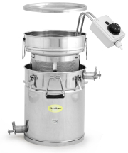 ApiNord® Komfort Feinfilter Siebset 35 kg, Seitenansicht, Zylinder Feinfiltersieb etwas ausgezogen, Zylindersieb-Heizung im Sieb, Deckel schwebend