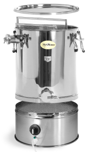 ApiNord® Unterstell Siebkanne 35 kg mit Bodenheizung, Frontansicht, Abfüllturbo auf dem Boden, Unterstell-Siebkanne schwebend darüber, Siebe etwas ausgezogen, Deckel schwebend