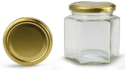 Sechseckglas 335 ml mit 70er gold