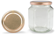 Sechseckglas 580 ml mit 82er kupfer, Frontansicht, ein Deckel stehend daneben