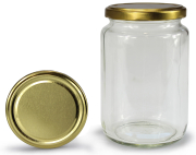Rundglas 770 ml mit 82er gold, Frontansicht, ein Deckel stehend daneben