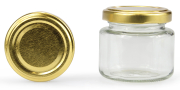 Rundglas 108 ml mit 53er gold Blueseal®, Frontansicht, ein Deckel stehend daneben