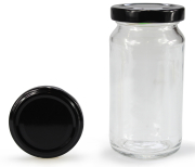 Rundglas hoch 212 ml mit 53er schwarz glänzend, Frontansicht, ein Deckel stehend daneben