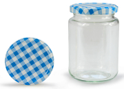 Rundglas hoch 381 ml mit 66er karo blau, Frontansicht, ein Deckel stehend daneben