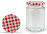Rundglas hoch 381 ml mit 66er karo rot, Frontansicht, ein Deckel stehend daneben