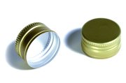 Ersatz-Deckel Alu gold 28 mm, Ansicht von schräg oben, ein Deckel liegend, ein Deckel stehend Blick ins Innere