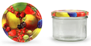 Sturzglas 225 ml mit 82er Obstdekor, Frontansicht, ein Deckel stehend daneben