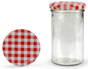 Sturzglas 277 ml mit 66er Karo rot, Frontansicht, ein Deckel stehend daneben