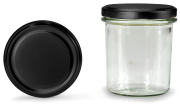 Sturzglas 350 ml mit 82er schwarz-matt Blueseal®, Frontansicht, ein Deckel stehend daneben