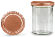 Sturzglas 435 ml mit 82er kupfer Blueseal®, Frontansicht, ein Deckel stehend daneben